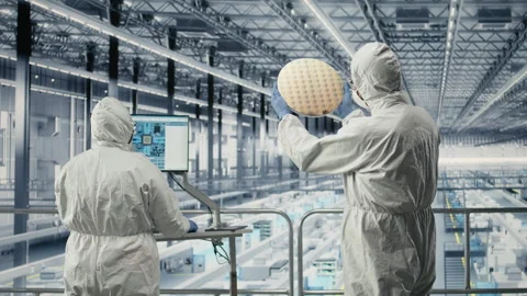 Evaluating silicon wafer prototype, engineering and team analyzing microchips Stock Footage 333382350