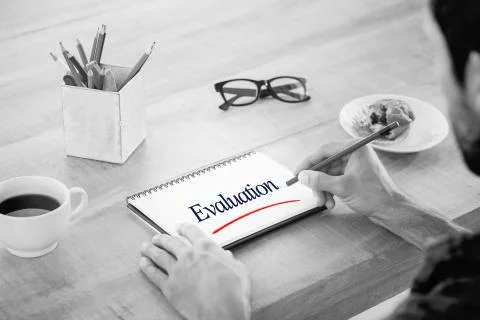Evaluation against creative businessman writing notes on notebook Stock Illustration