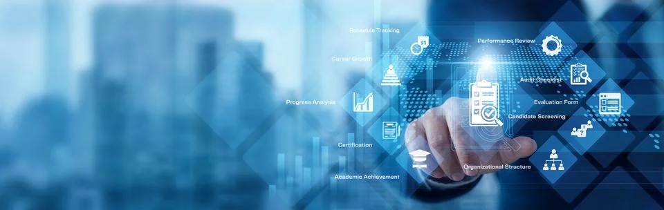 Evaluation expert analyzing digital data pointing hand at Assessment proces.. Stock Photos