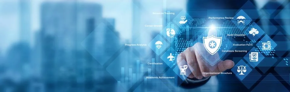 Evaluation expert analyzing digital data pointing hand at Assessment proces.. Stock Photos