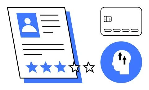 Evaluation sheet with profile picture and rating stars, credit card, and huma Stock Illustration