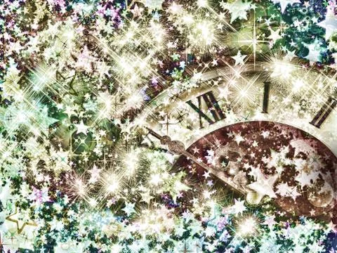 Eve of new year.Clock face on shining stars background.Toned image. Stockillustratie