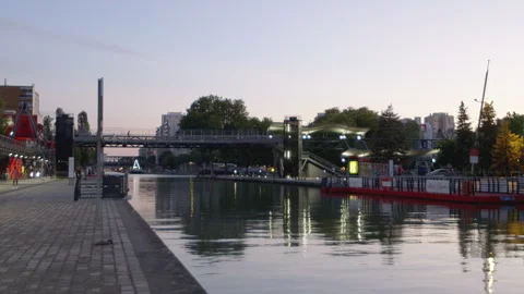 Evening activity at Canal de Saint-Denis in the 19th arrondissement, Paris Stock Footage 305236261