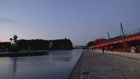 Evening activity at Canal de Saint-Denis in the 19th arrondissement, Paris Stock Footage 305236346