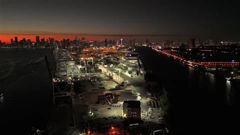 Evening aerial drone view over Port of Miami cargo terminal Stock Footage 328119338