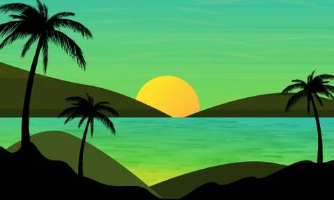 Evening at Beach Landscape Stock Illustration