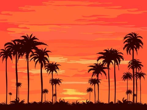 The evening on the beach Summer orange sky and coconut tree shadow Stock Illustration
