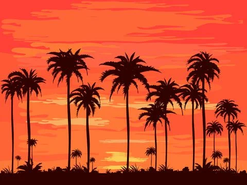 The evening on the beach Summer orange sky and coconut tree shadow Stock Illustration