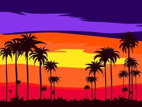 The evening on the beach Summer orange sky and coconut tree shadow Stock Illustration