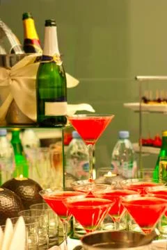 Evening buffet in the restaurant with coctails Stock Photos