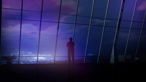 In the evening, a businessman in front of a window overlooking the coastal city. Stock Illustration