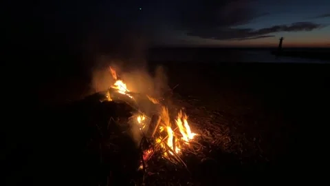 Evening campfire on the beach in Manavgat Stock Footage 260843314