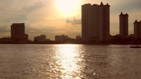 Evening Chao Phraya waterfront view in Thailand Stock Footage 82626937