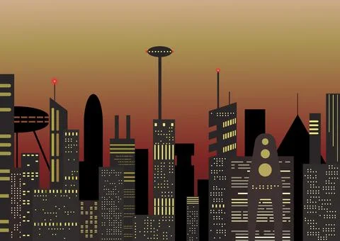 Evening In The City Of The Future. 库存插图