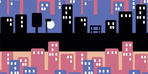 Evening cityscape seamless vector pattern in black blue and pink Stock Illustration