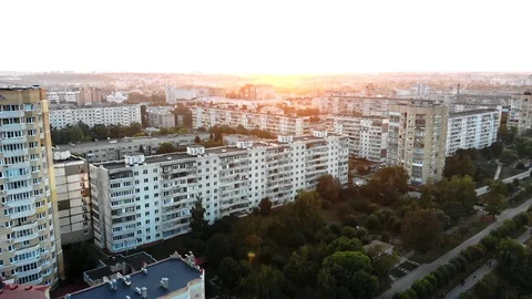 Evening cityscape with setting sun Stock Footage 112450404