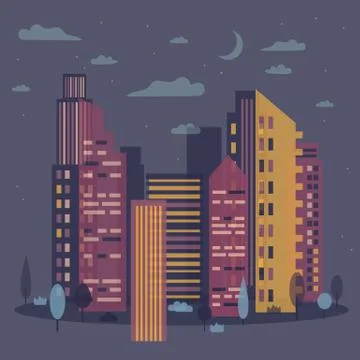 Evening cityscape. Skyline with moon Stock Illustration