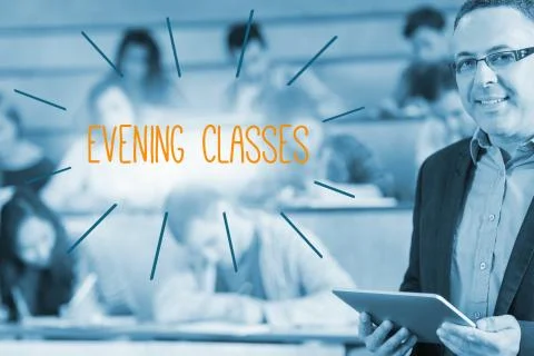 Evening classes against lecturer standing in front of his class in lecture hall Illustrazione stock