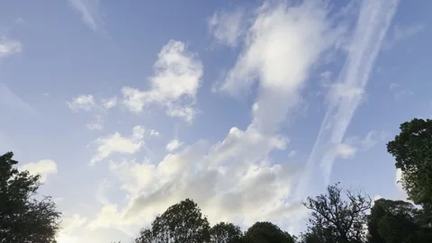 Evening clouds and airplane contrails panning Stockbeeldmateriaal 335541825