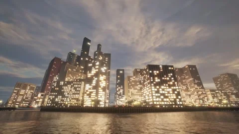 Evening clouds are flying fast over the shining city, which is bustling with Stock Footage 257390828