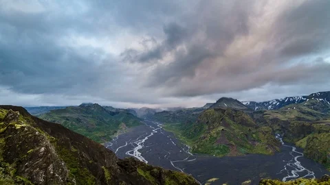 Evening clouds flying over Iceland mountains landscape. Time lapse Stock Footage 85817277
