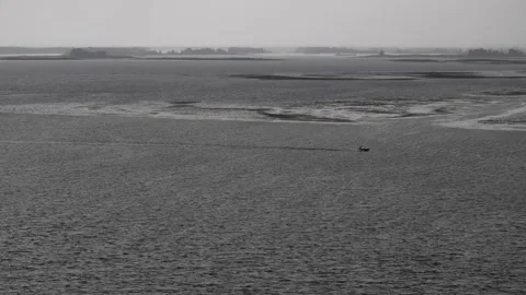 Evening cloudy gray view to motorboat at Dnieper river near Cherkasy, Ukraine Stock-Footage 241021307