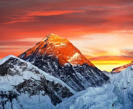 Evening colored view of Mount Everest from Kala Patthar, Khumbu valley, Soluk Stock Photos