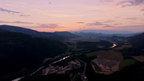 Evening countryside drone view Stockbeeldmateriaal 335713498