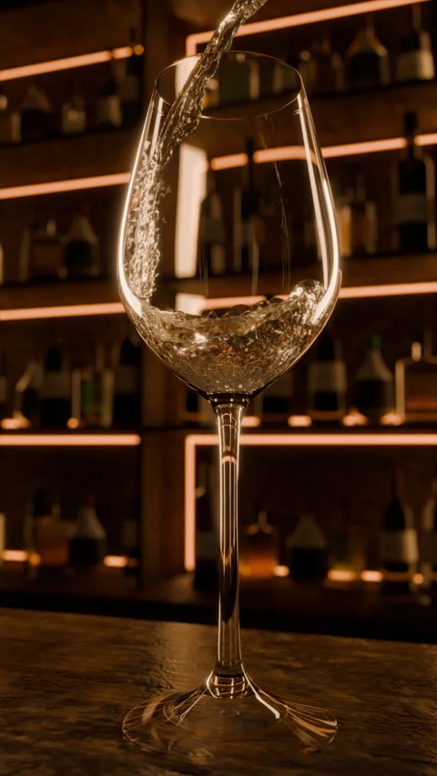 Evening in cozy bar. Vertical shot, white wine pouring into glass in slow motion Stock Footage 295212488
