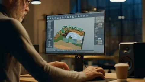 In the Evening Creative Middle Aged Video Game Developer Works on a Desktop PC Stock Footage 111320230