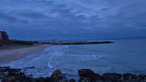 Evening Dark Blue Beach Landscape with Waves and Foam Video stock 300308159
