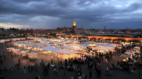 Evening in Djemaa el-Fna, Marrakech (Marrakesh), Morocco, North Africa, Africa Stock Footage