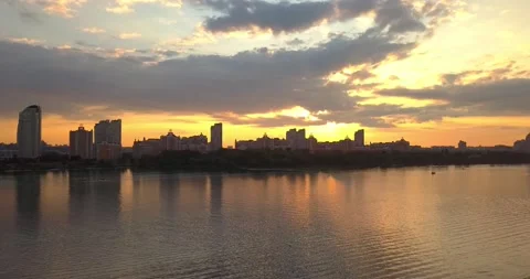 Evening Dnipro river. Obolon district in Kiev, Ukraine Stock Footage 171306048
