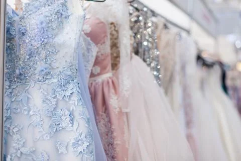 Evening dresses on the rack. Fotos de archivo