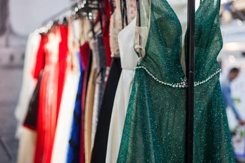 Evening dresses in the store. Stock Photos