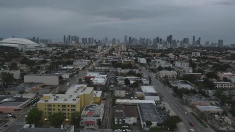 Evening Drone footage Miami Skyline on cloudy rainy day (no color grading) Stock Footage