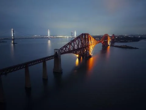 Evening Drone Photo of Forth Bridge in Scotland Stock Photos