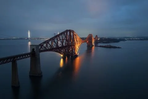 Evening Drone Photo of Forth Bridge in Scotland Stock Photos