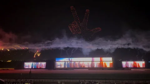 Evening drone show, fireworks, monitors at World Cup Horse Race, Dubai Stock Footage 281062746