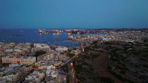 Evening drone view of port and city, boats, marina. Malta island Stock Footage 278893901