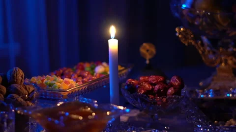 In the evening during Iftar in the month of Ramadan, the table is set Stock Footage 269712132