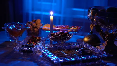 In the evening during Iftar in the month of Ramadan, the table is set Stock Footage 269712170
