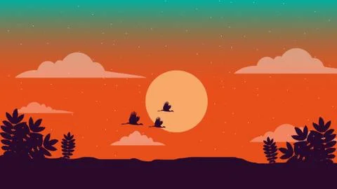 Evening Dusk in Forest Landscape Stock Illustration