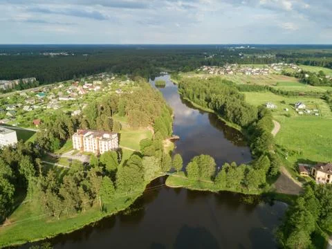 Evening dusk sunset Aerial view of countryside, drone top view Stock Photos