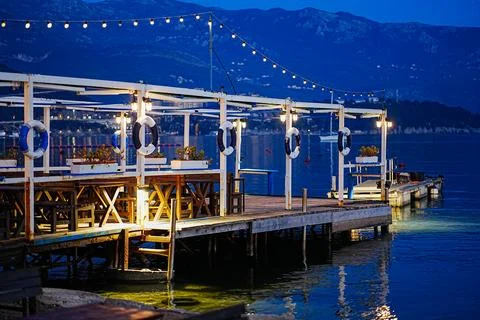 Evening Empty Terrace by the Sea Stock Photos