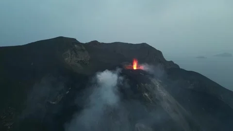 Evening Eruption of Stromboli Volcano with Lava Geyser Stock Footage 277659176