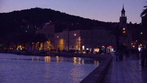 Evening establishing shot of the waterfront in Split, Croatia. Stock Footage 75690888