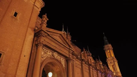 Evening facade of the building of the main cathedral in the city of Zaragoza Stock Footage 309102456