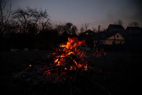The evening fire is burning. Flames in high quality Stock Photos