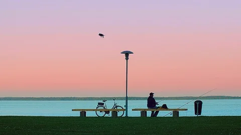 Evening fishing at seafront Stock Footage 83146956
